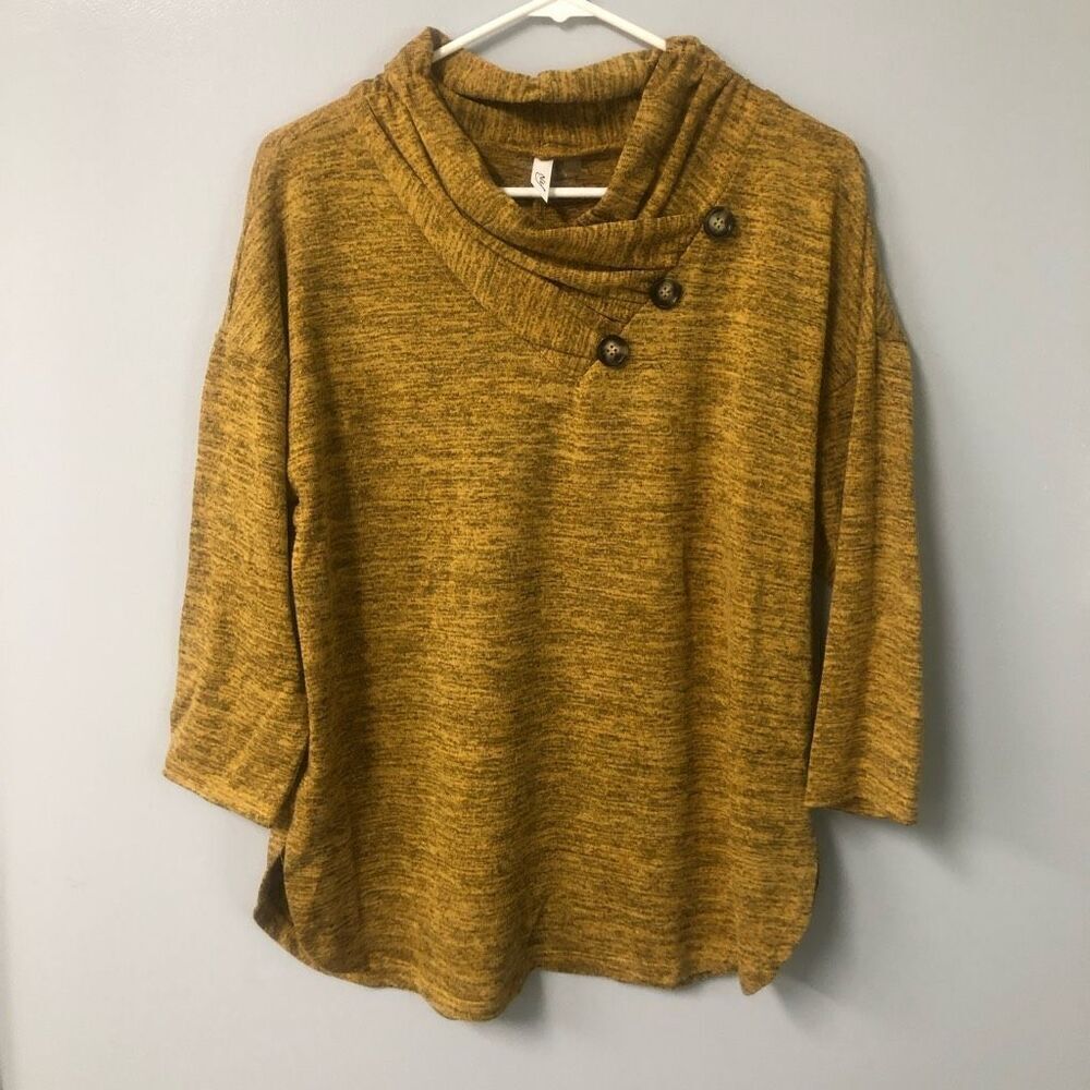 ny collection mustard yellow 3/4 dolman sleeve neck button fall size large